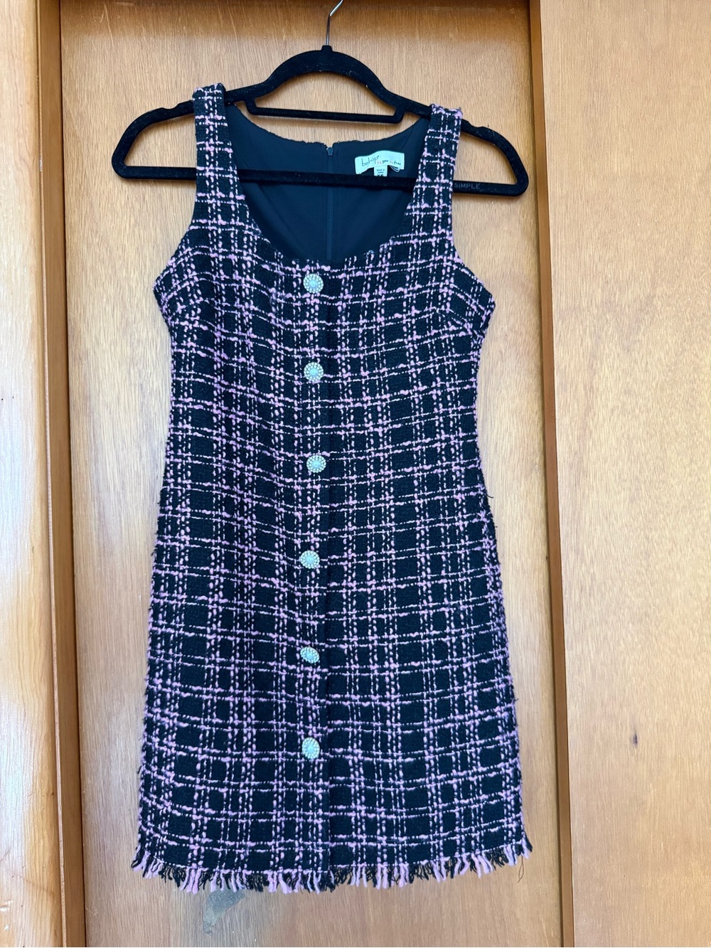 Sleeveless Black and Pink Tweed Button-Front Dress